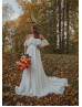 Off Shoulder Ivory Eyelash Lace Chiffon Flowing Wedding Dress